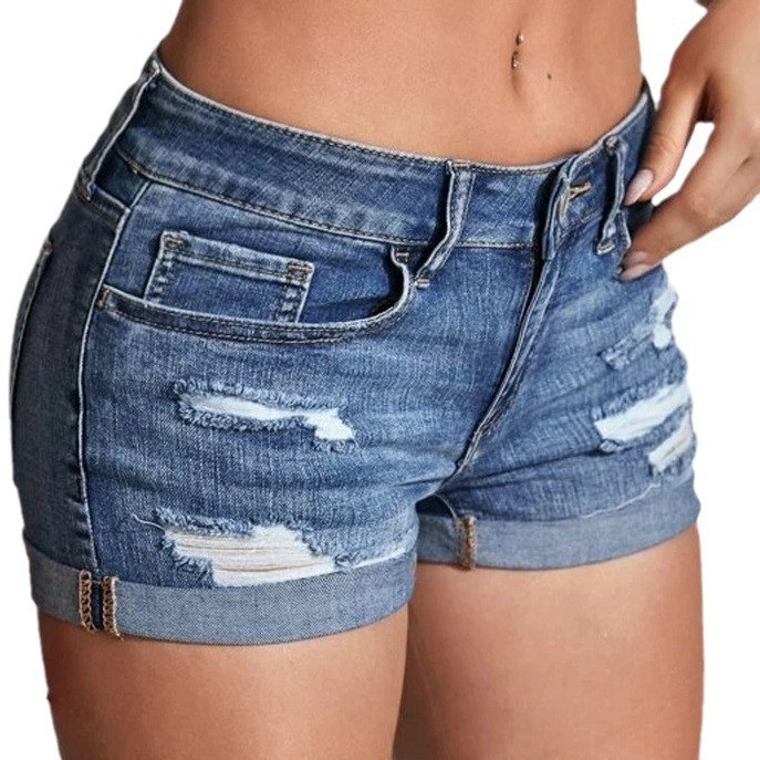 Distressed Jean Rip - Shorts de mezclilla de cintura alta,