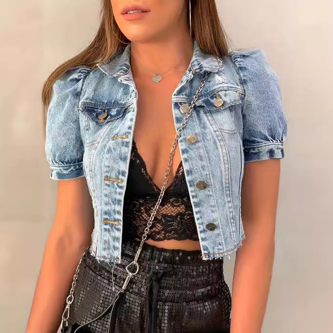 Distressed Jean Rip - Chaqueta vaquera para mujer, corta, azul