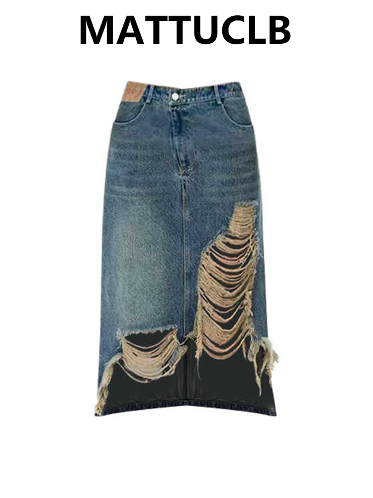 Street Fashion American - Falda Midi de Mezclilla Rasgada para