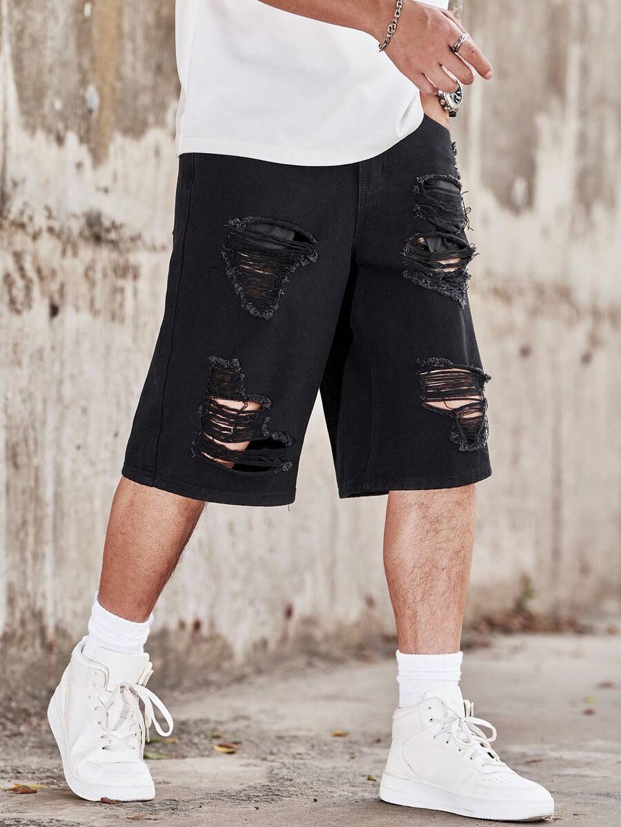 Distressed Jean Rip - Pantalones Cortos de Mezclilla Anchos y